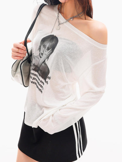 QIUQIU STUDIO Sheer Portrait Print Asymmetric Shoulder Loose Women&