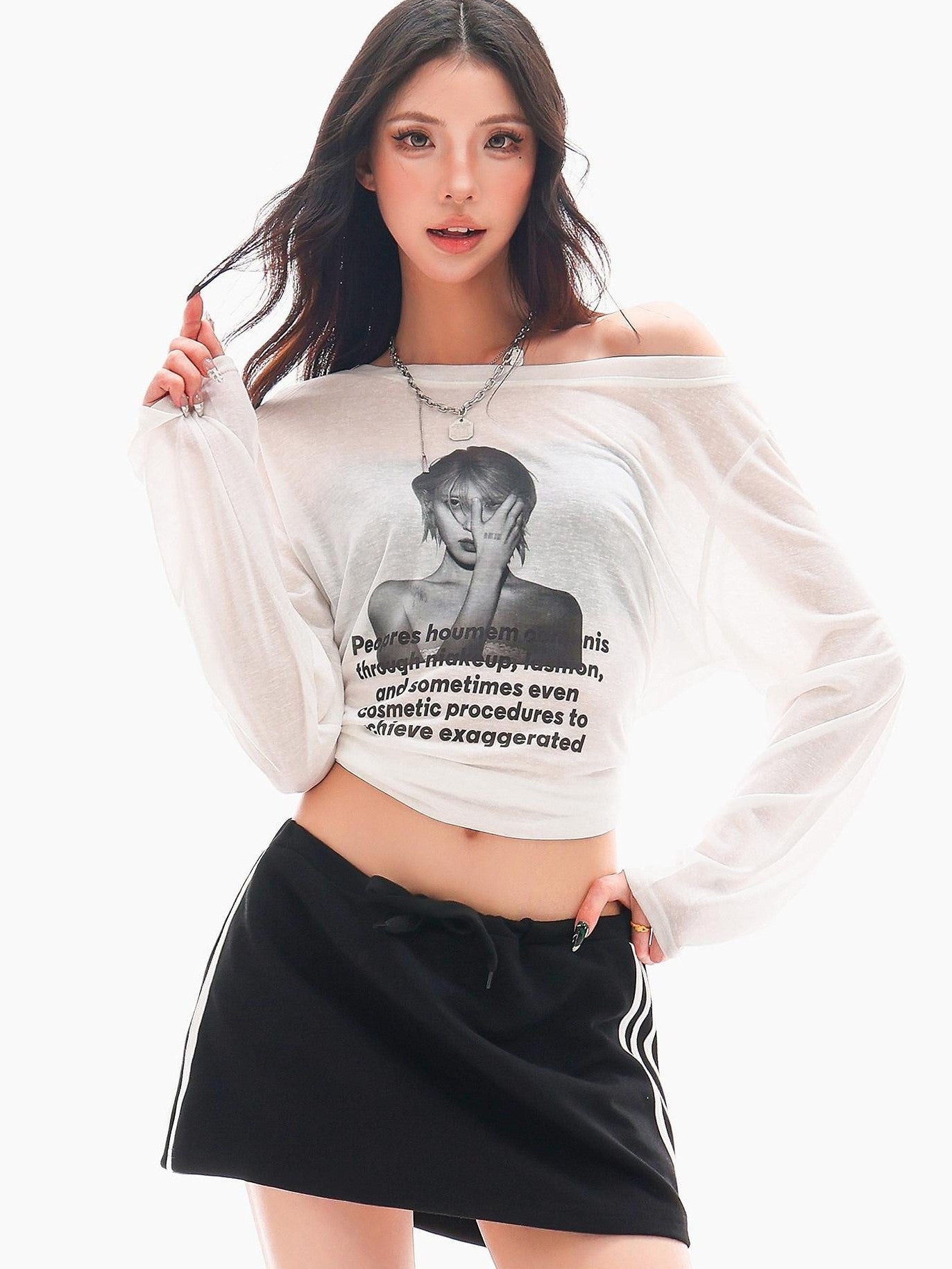 QIUQIU STUDIO Sheer Portrait Print Asymmetric Shoulder Loose Women&