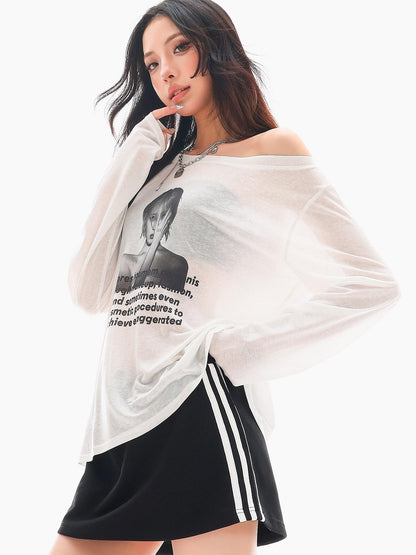 QIUQIU STUDIO Sheer Portrait Print Asymmetric Shoulder Loose Women&