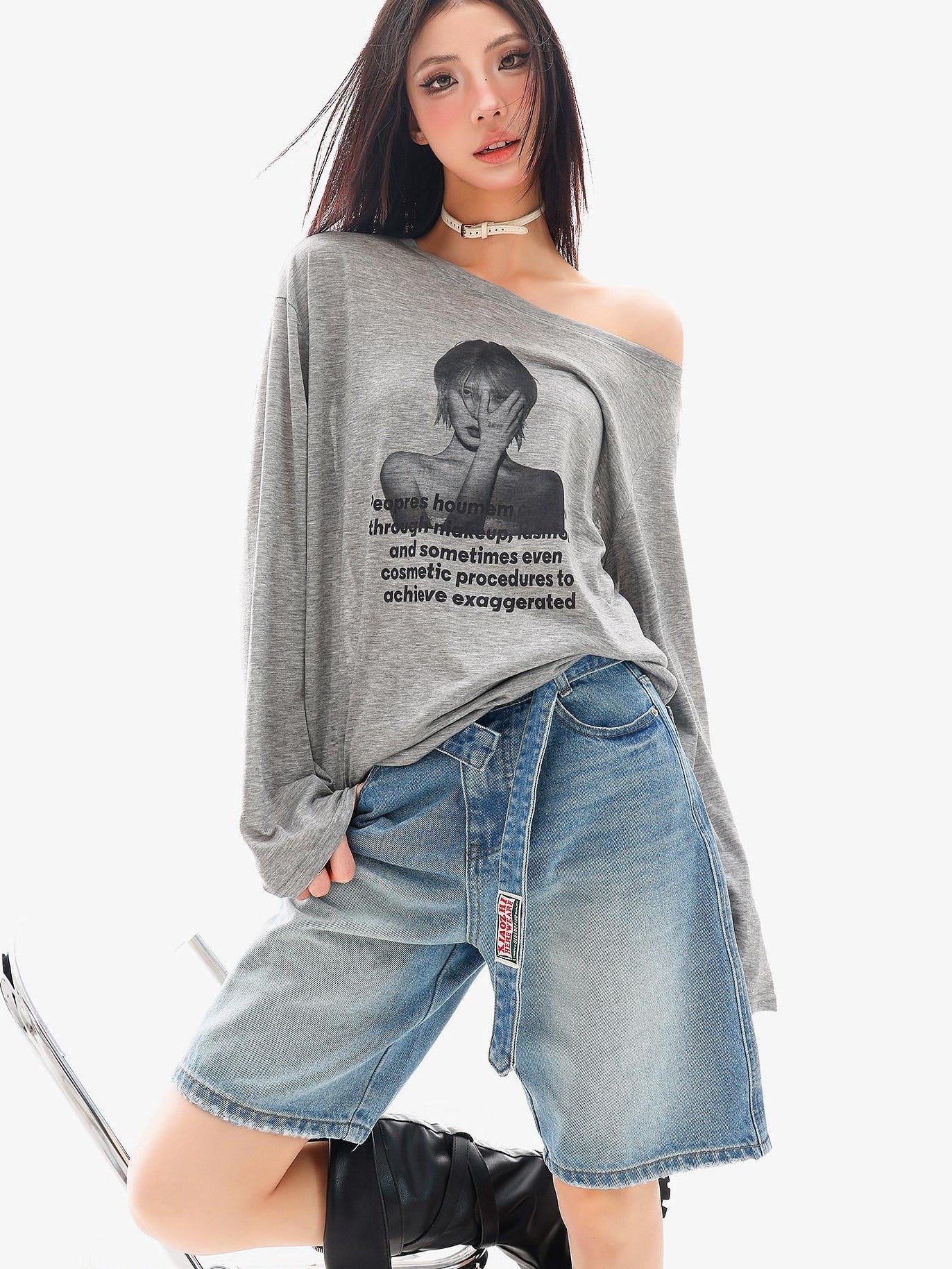 QIUQIU STUDIO Sheer Portrait Print Asymmetric Shoulder Loose Women&