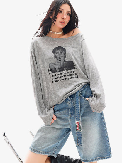 QIUQIU STUDIO Sheer Portrait Print Asymmetric Shoulder Loose Women&