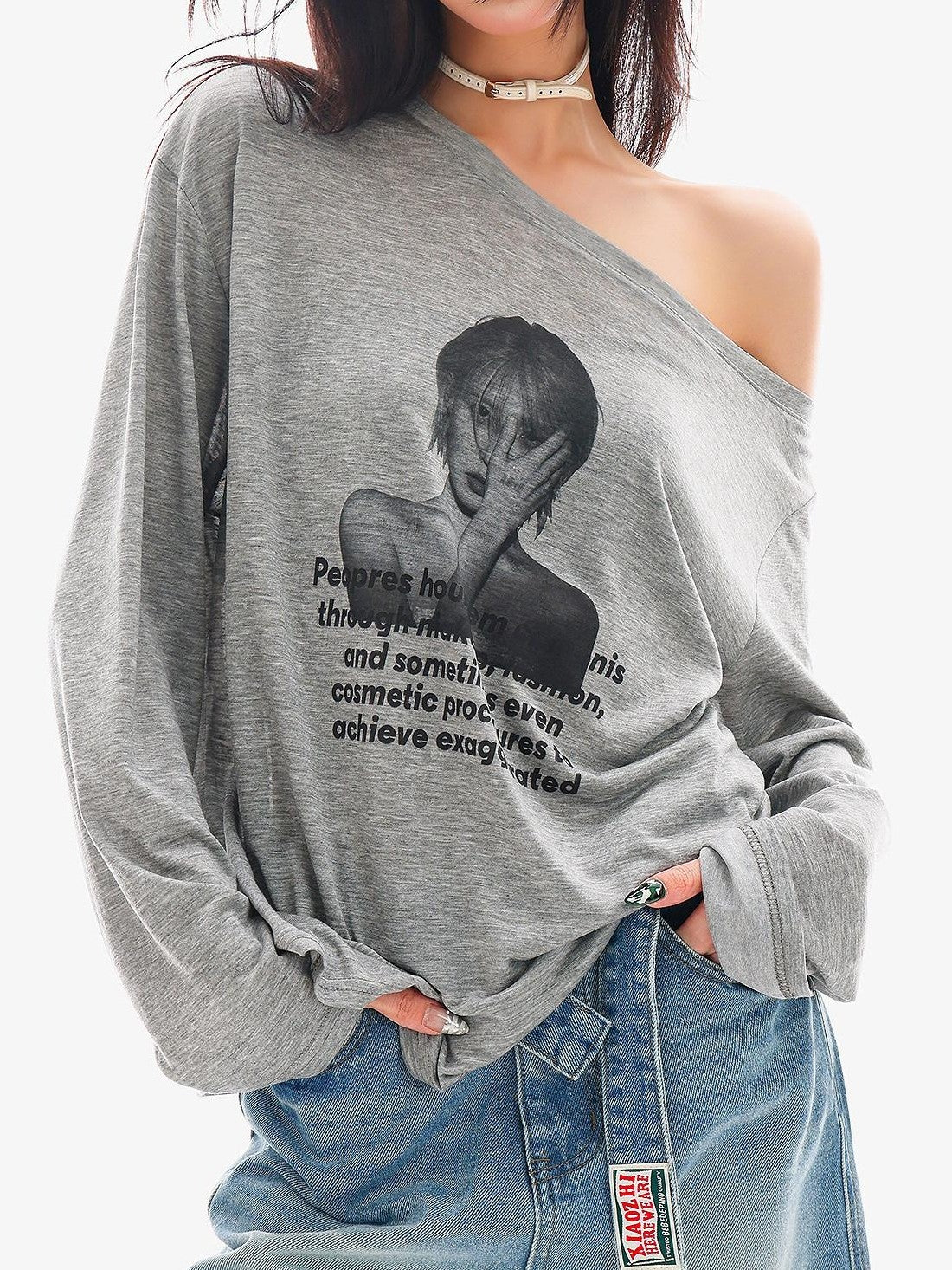 QIUQIU STUDIO Sheer Portrait Print Asymmetric Shoulder Loose Women&