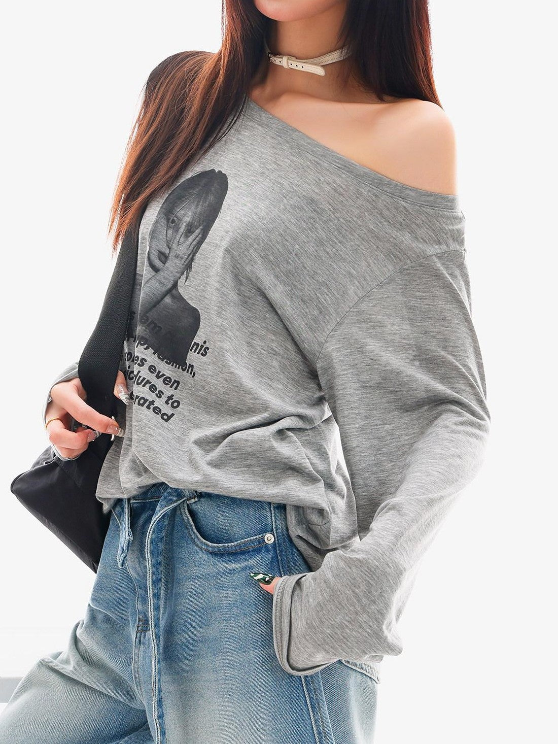 QIUQIU STUDIO Sheer Portrait Print Asymmetric Shoulder Loose Women&