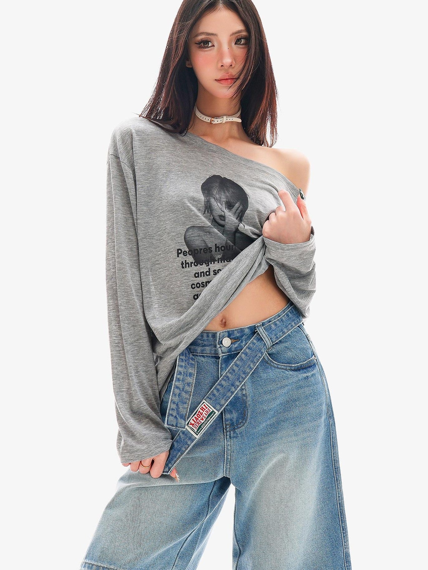 QIUQIU STUDIO Sheer Portrait Print Asymmetric Shoulder Loose Women&