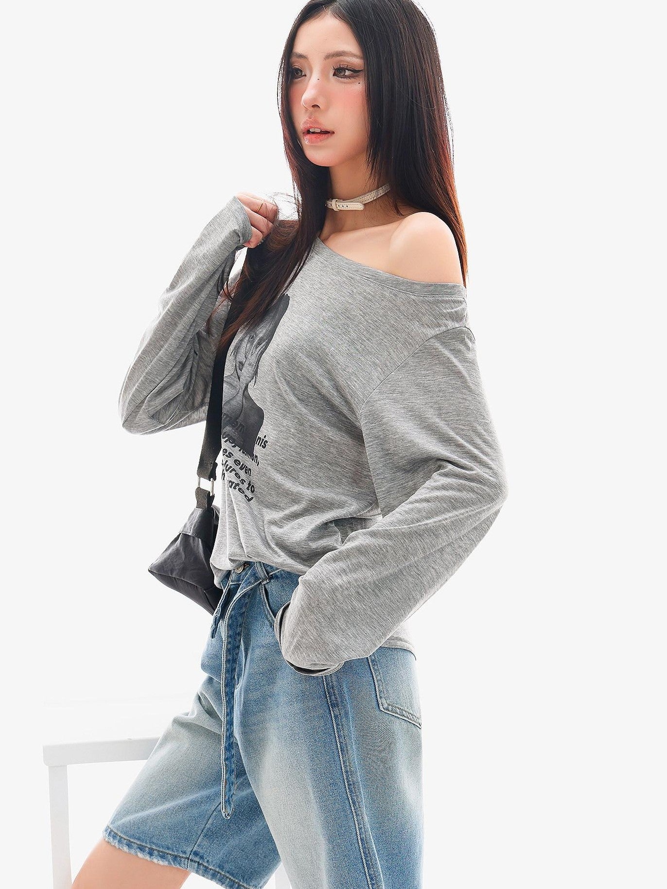 QIUQIU STUDIO Sheer Portrait Print Asymmetric Shoulder Loose Women&
