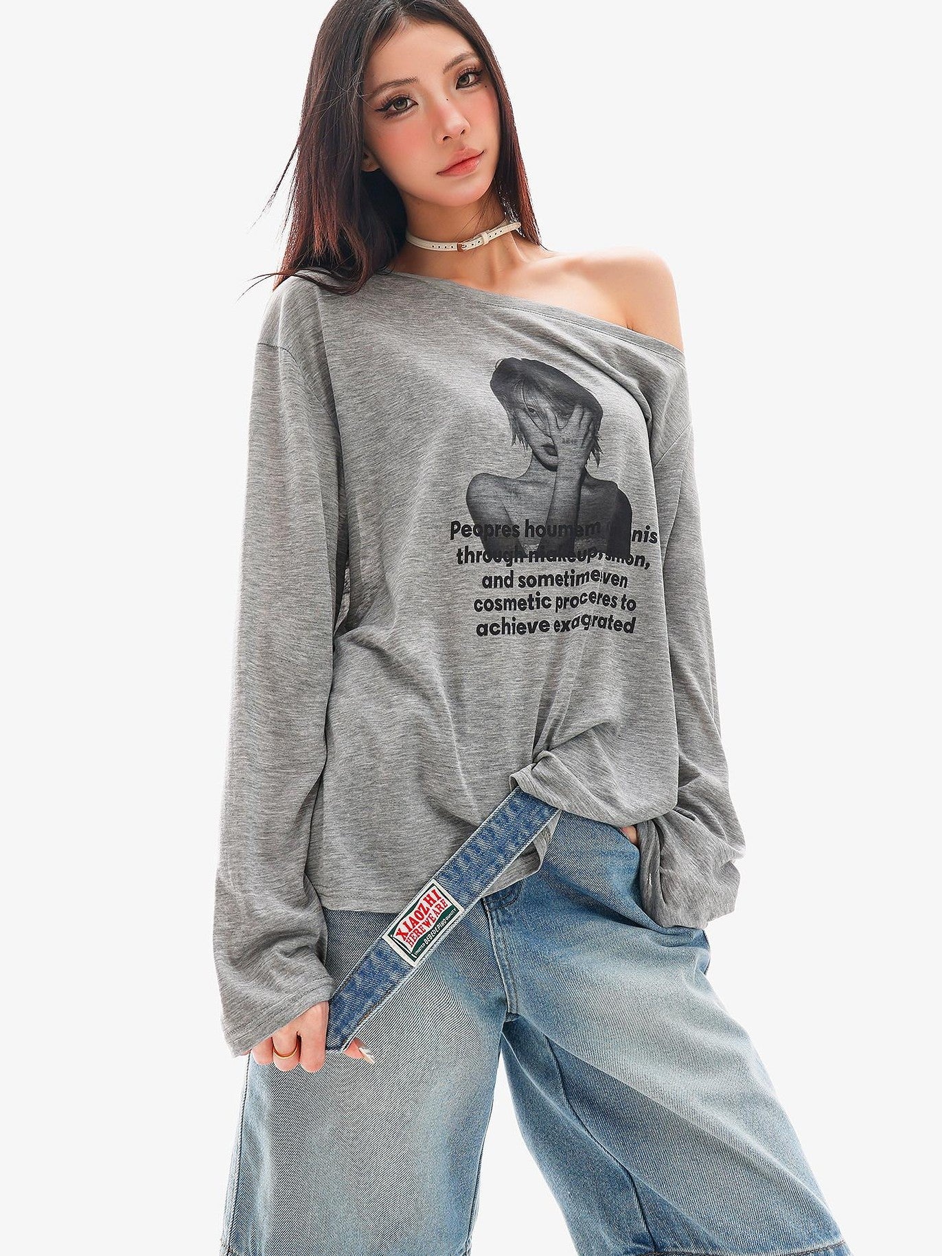 QIUQIU STUDIO Sheer Portrait Print Asymmetric Shoulder Loose Women&