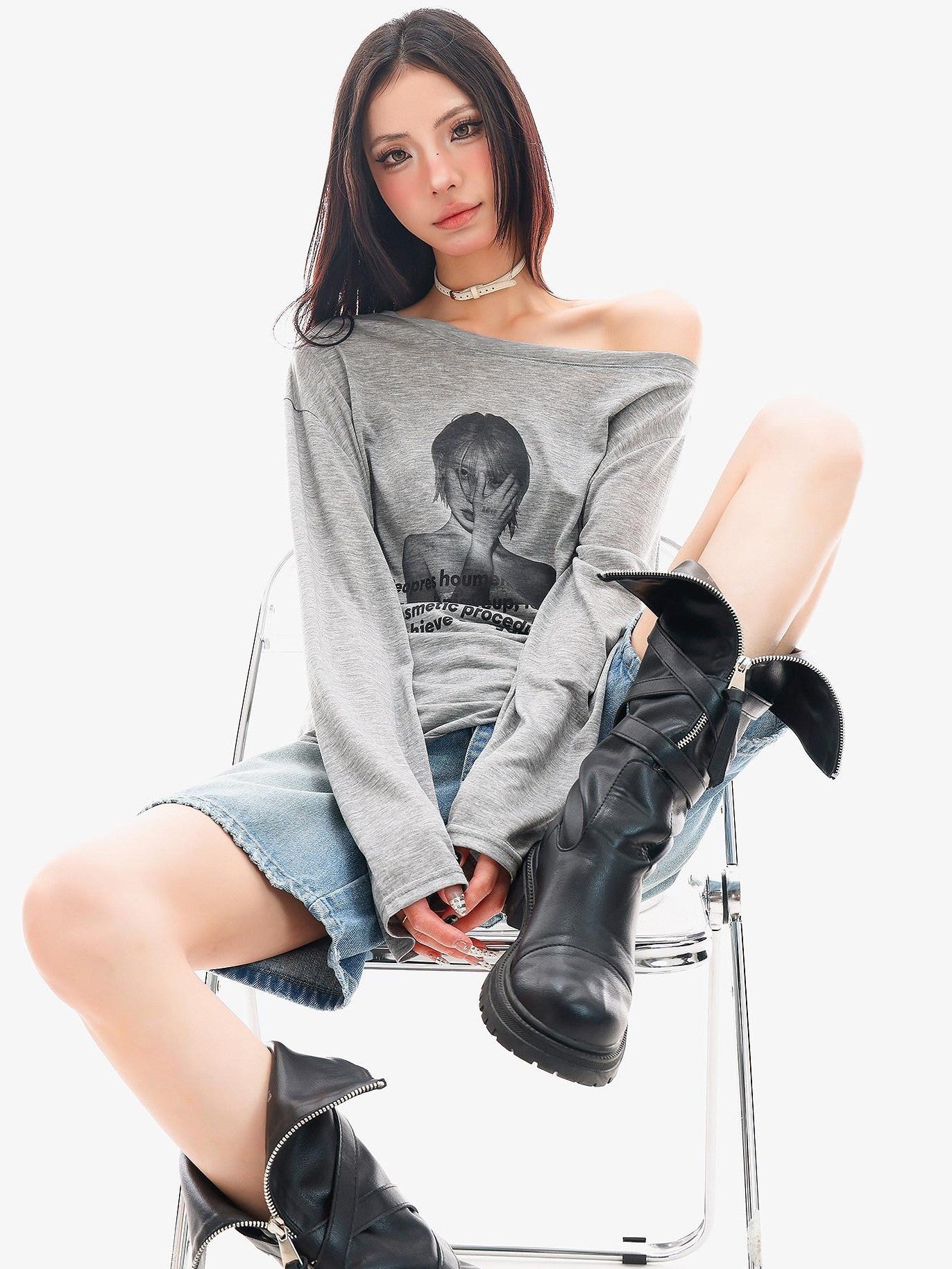 QIUQIU STUDIO Sheer Portrait Print Asymmetric Shoulder Loose Women&