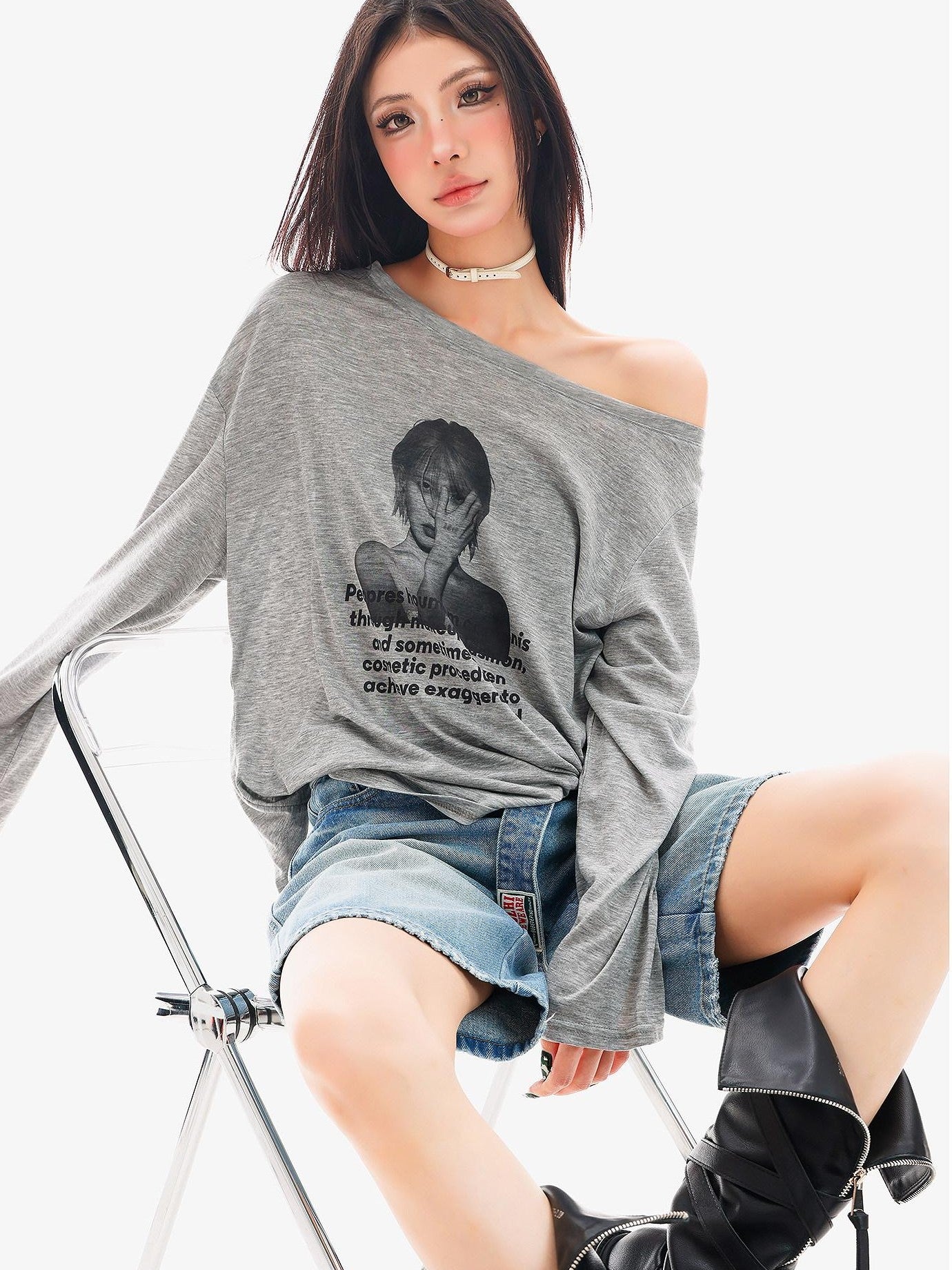 QIUQIU STUDIO Sheer Portrait Print Asymmetric Shoulder Loose Women&