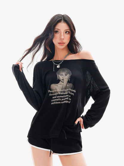 QIUQIU STUDIO Sheer Portrait Print Asymmetric Shoulder Loose Women&