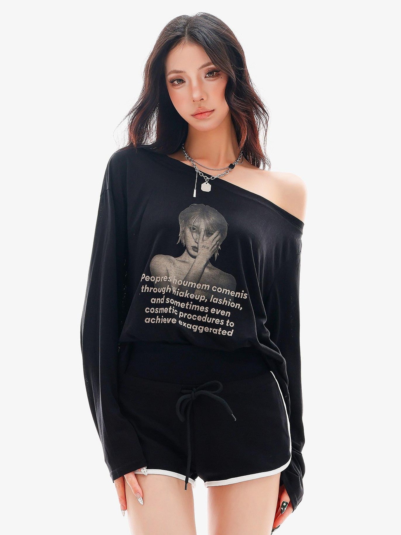 QIUQIU STUDIO Sheer Portrait Print Asymmetric Shoulder Loose Women&