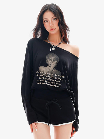 QIUQIU STUDIO Sheer Portrait Print Asymmetric Shoulder Loose Women&