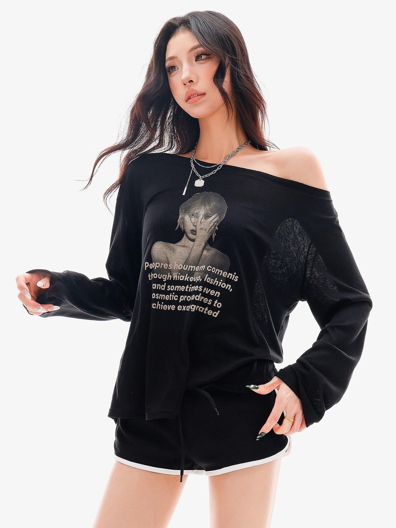 QIUQIU STUDIO Sheer Portrait Print Asymmetric Shoulder Loose Women&