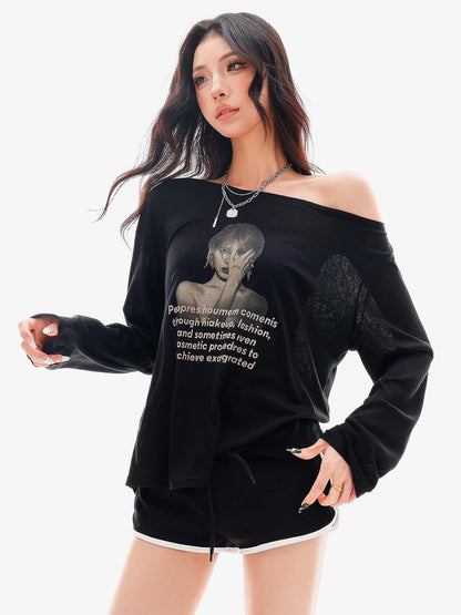 QIUQIU STUDIO Sheer Portrait Print Asymmetric Shoulder Loose Women&