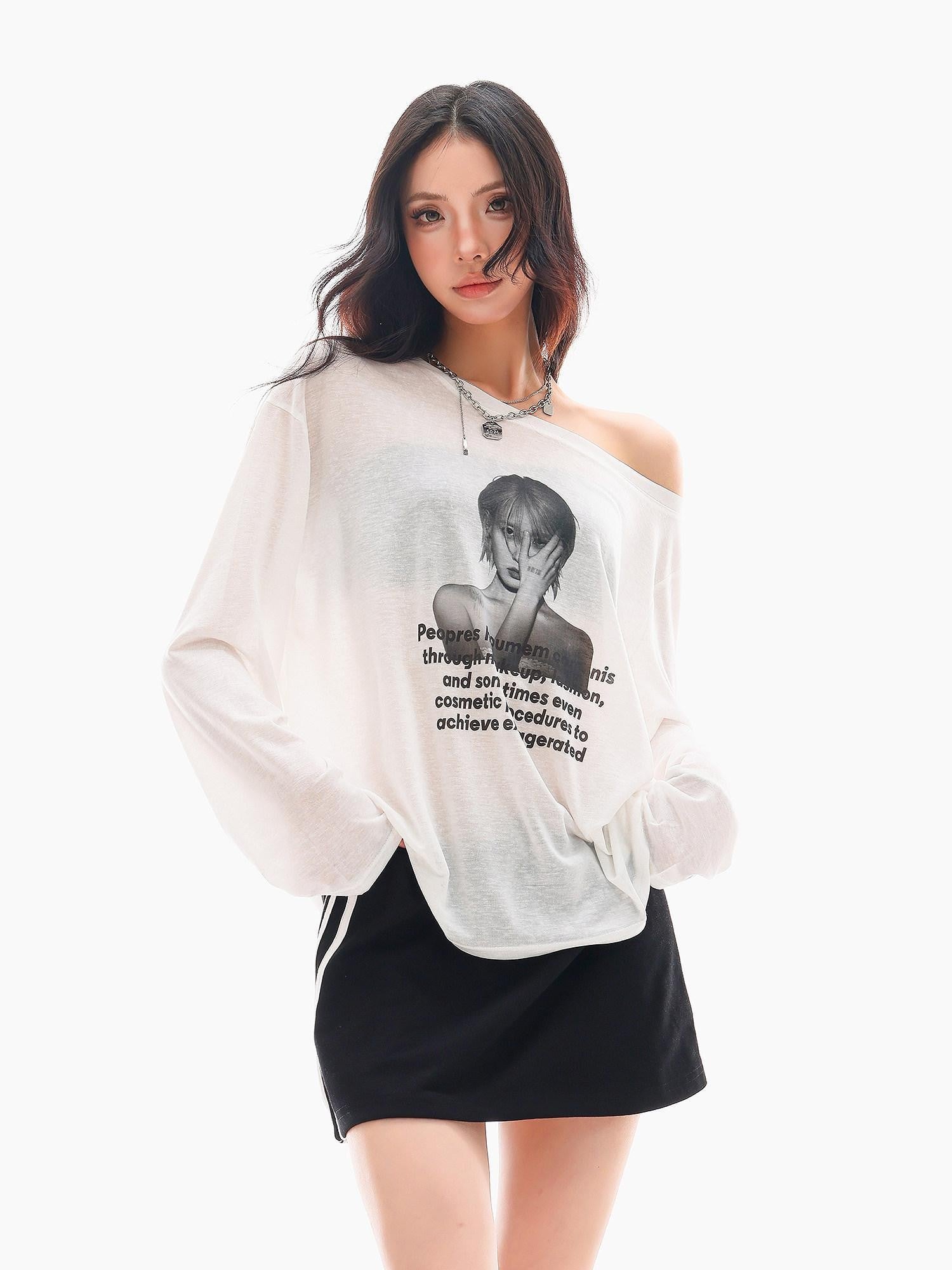 QIUQIU STUDIO Sheer Portrait Print Asymmetrical Neckline Women&