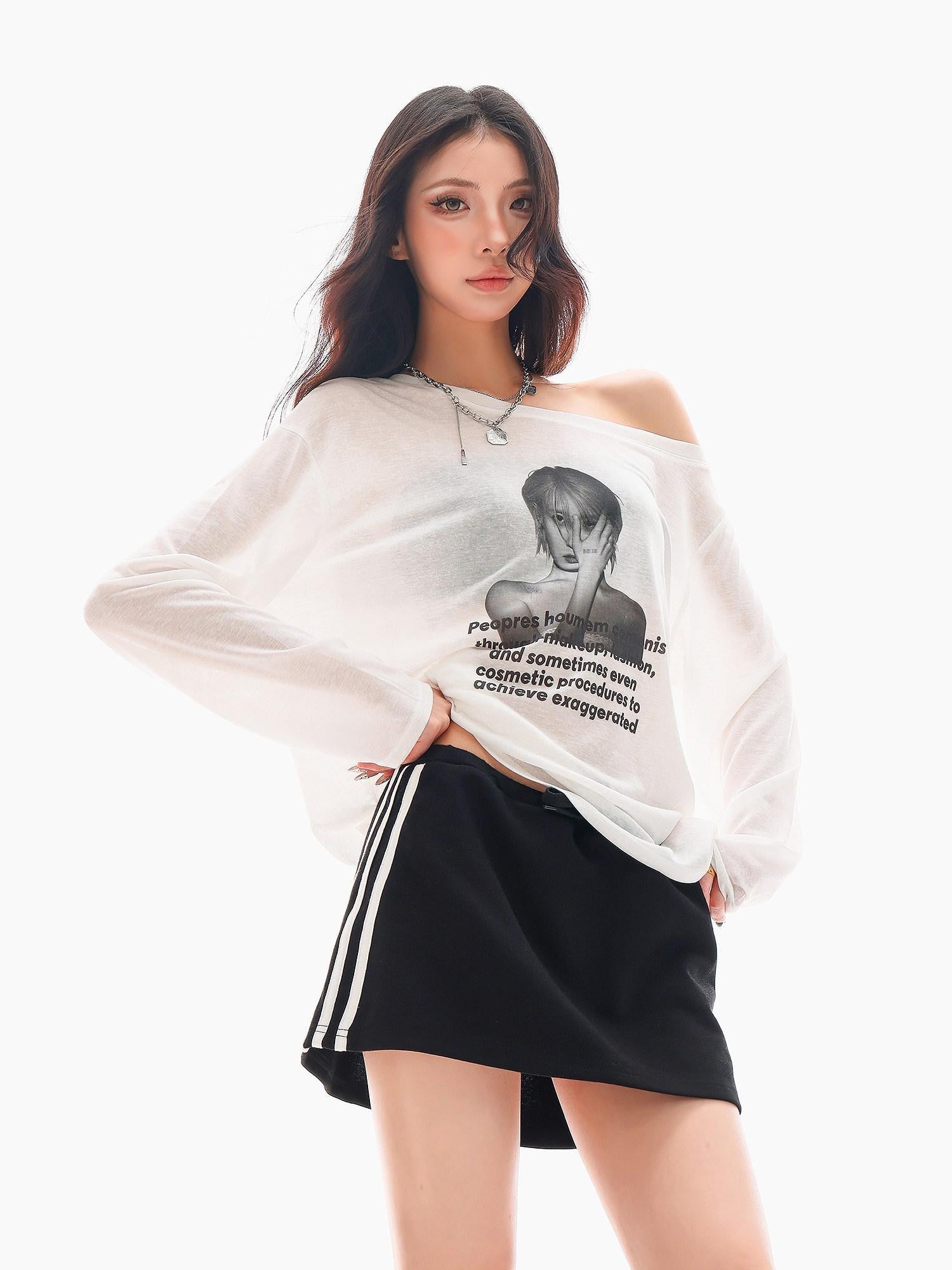 QIUQIU STUDIO Sheer Portrait Print Asymmetrical Neckline Women&