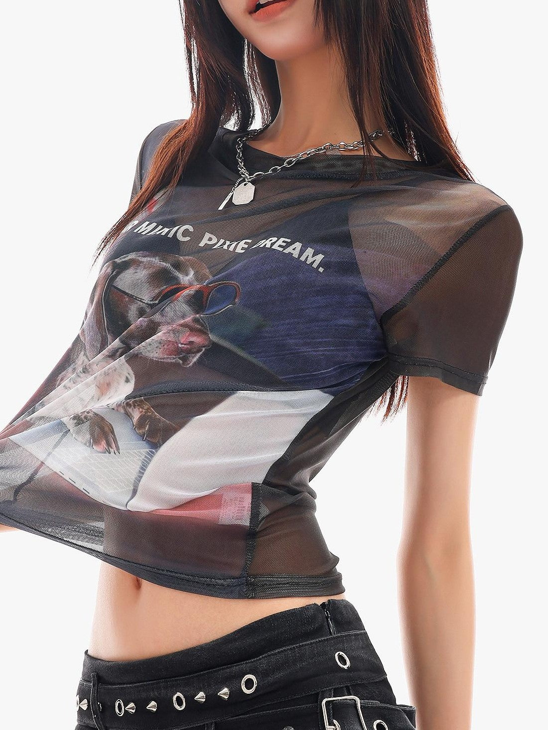 QIUQIU STUDIO Sheer Puppy Print Round Neck Loose Fit Women&