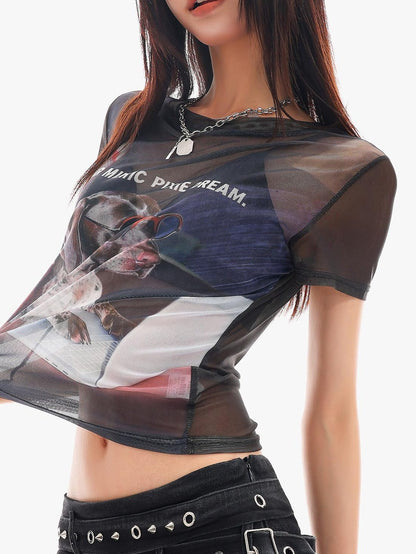 QIUQIU STUDIO Sheer Puppy Print Round Neck Loose Fit Women&