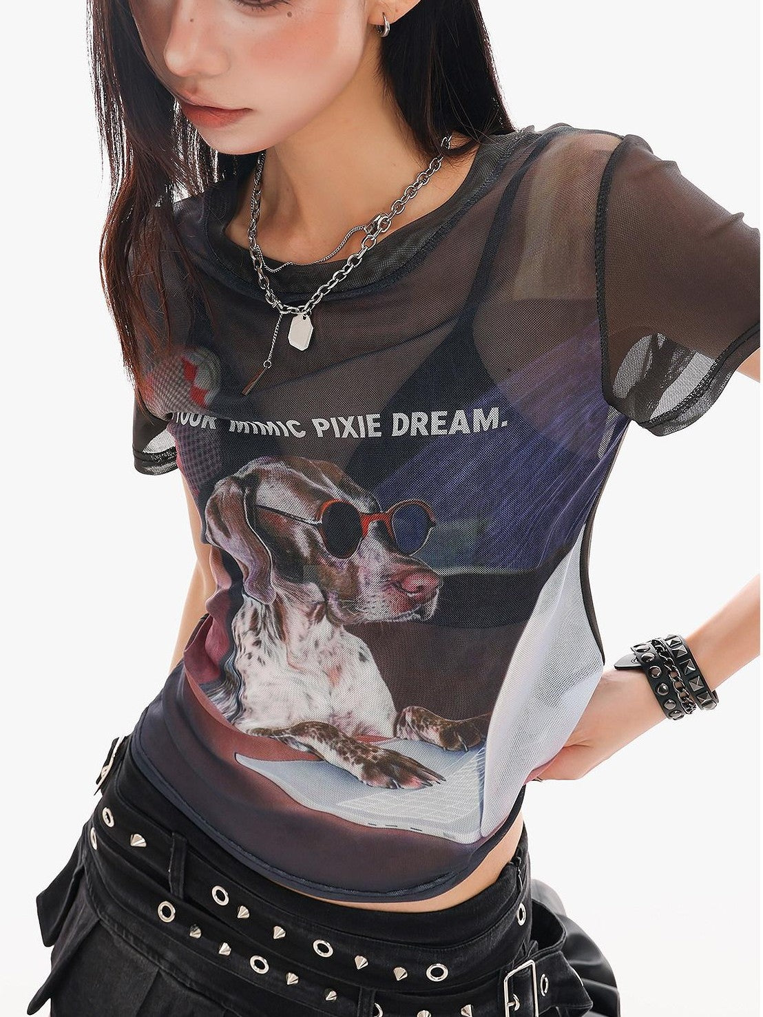 QIUQIU STUDIO Sheer Puppy Print Round Neck Loose Fit Women&