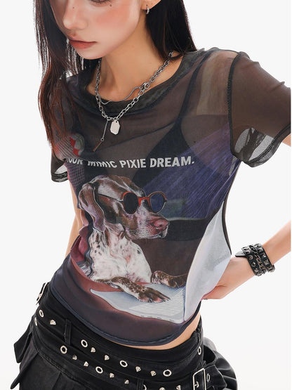 QIUQIU STUDIO Sheer Puppy Print Round Neck Loose Fit Women&