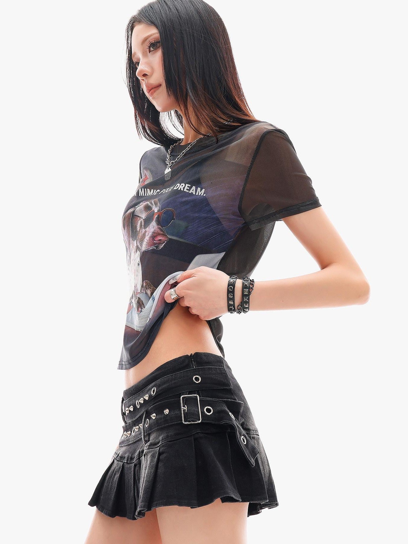QIUQIU STUDIO Sheer Puppy Print Round Neck Loose Fit Women&