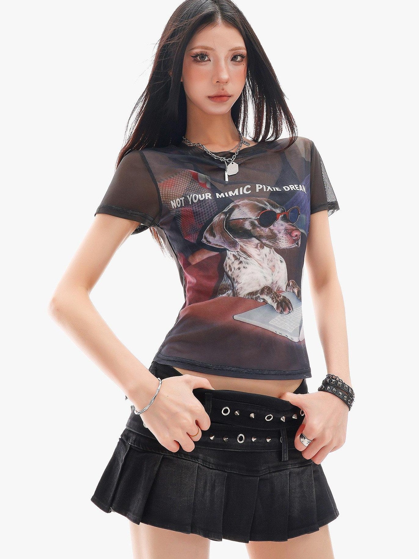 QIUQIU STUDIO Sheer Puppy Print Round Neck Loose Fit Women&