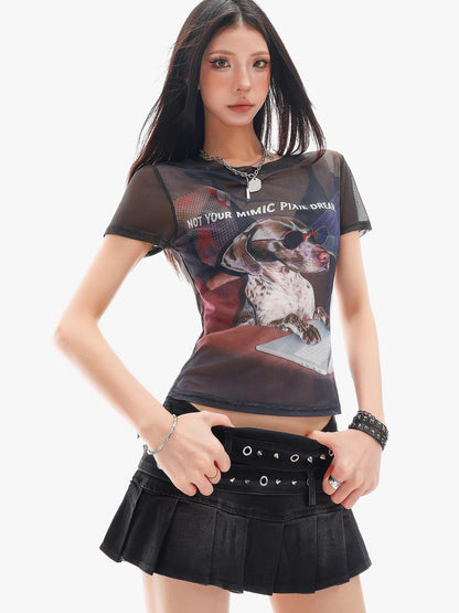 QIUQIU STUDIO Sheer Puppy Print Round Neck Loose Fit Women&
