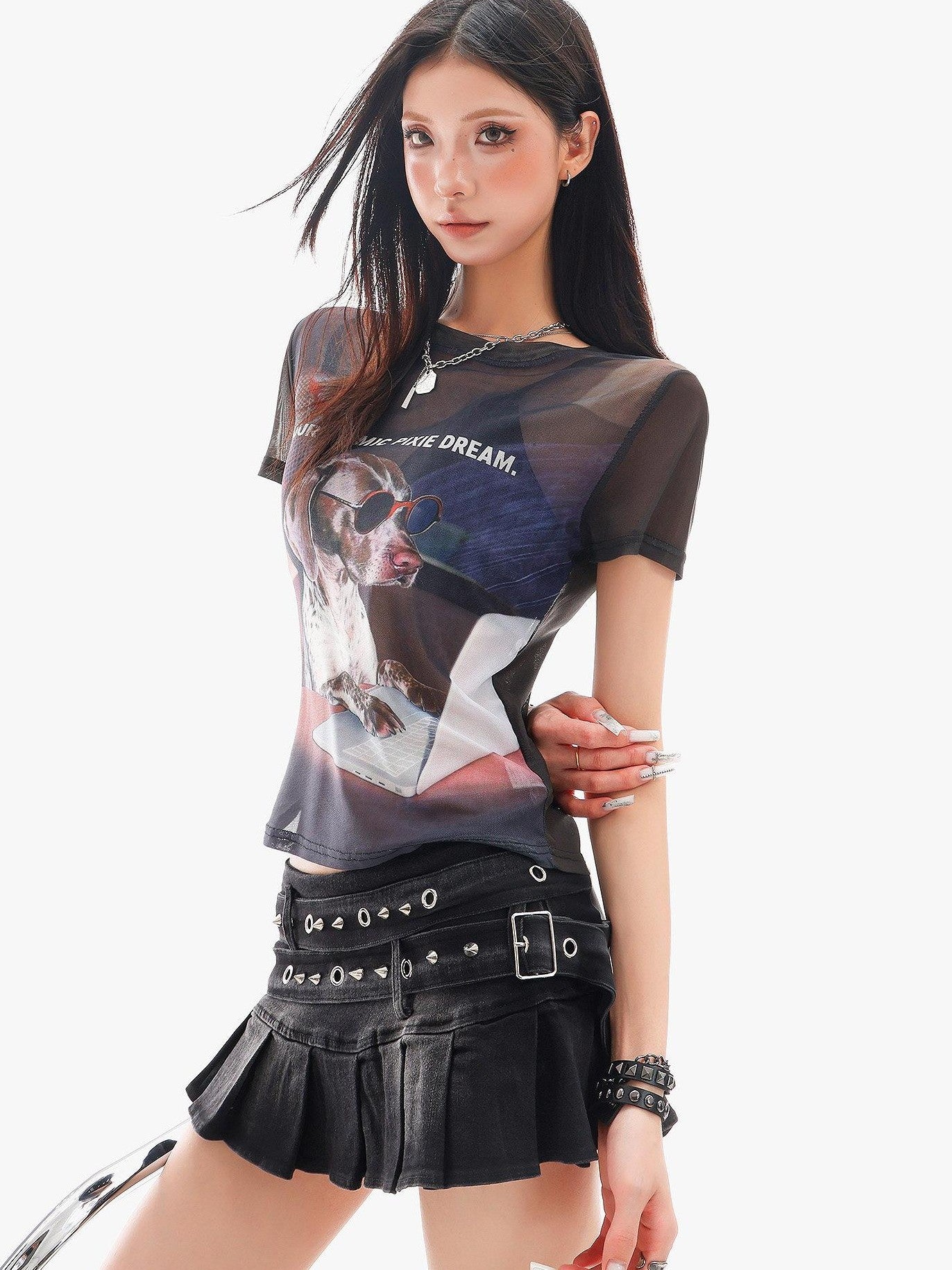 QIUQIU STUDIO Sheer Puppy Print Round Neck Loose Fit Women&