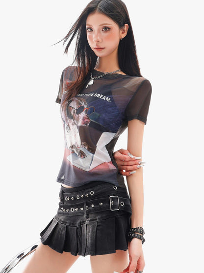 QIUQIU STUDIO Sheer Puppy Print Round Neck Loose Fit Women&