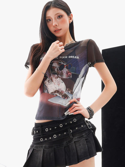 QIUQIU STUDIO Sheer Puppy Print Round Neck Loose Fit Women&