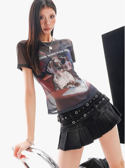 QIUQIU STUDIO Sheer Puppy Print Round Neck Loose Fit Women&