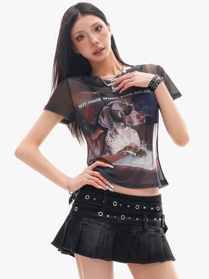 QIUQIU STUDIO Sheer Puppy Print Round Neck Loose Fit Women&