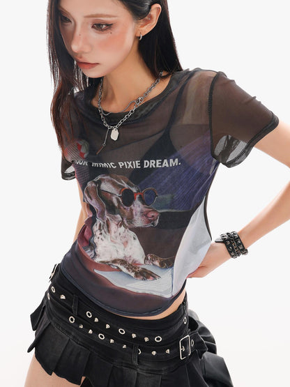 QIUQIU STUDIO Sheer Puppy Print Round Neck Loose Fit Women&