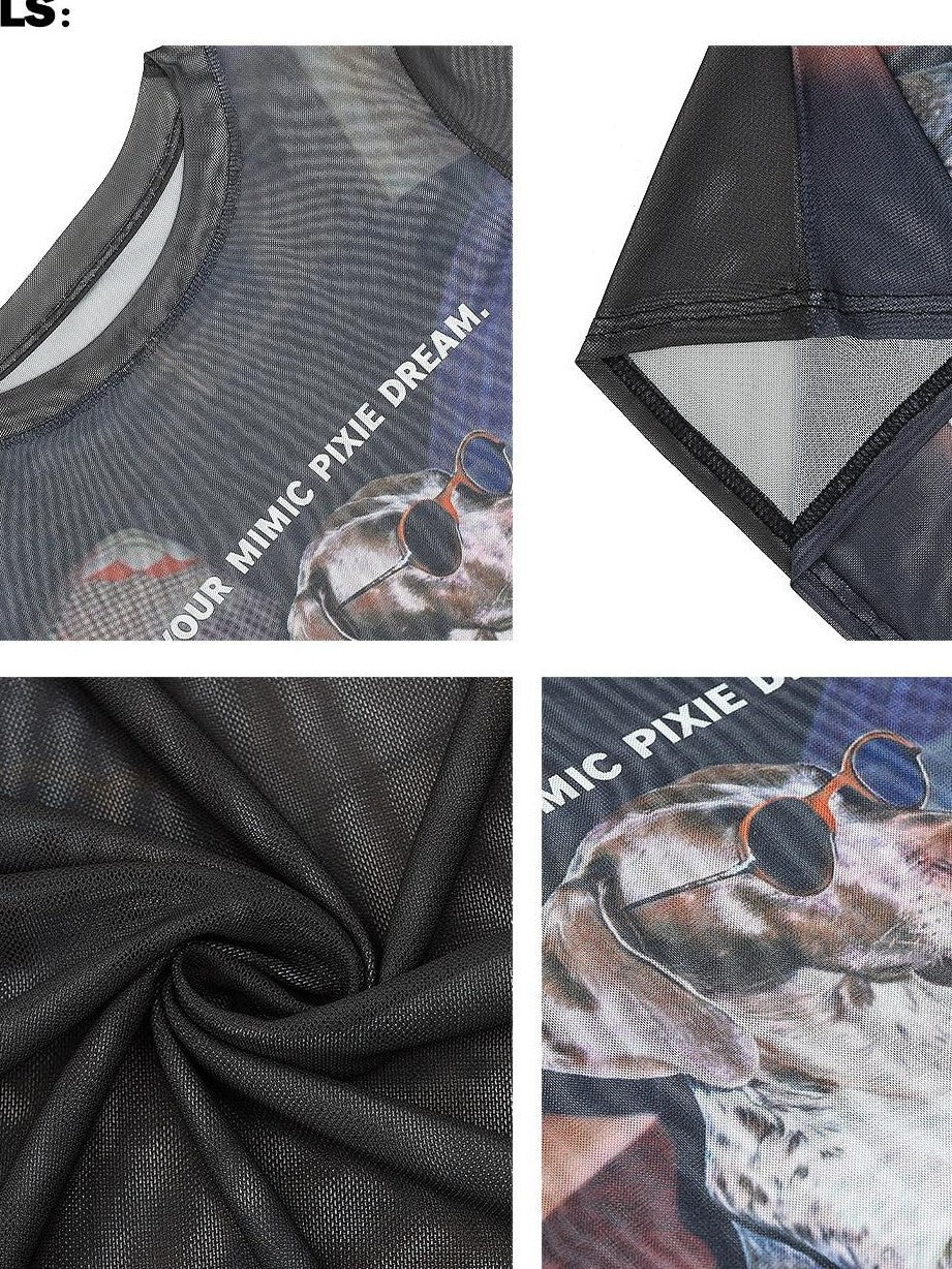 QIUQIU STUDIO Sheer Puppy Print Round Neck Loose Fit Women&