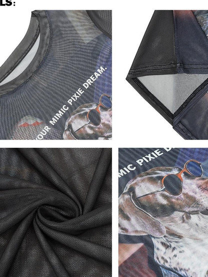QIUQIU STUDIO Sheer Puppy Print Round Neck Loose Fit Women&