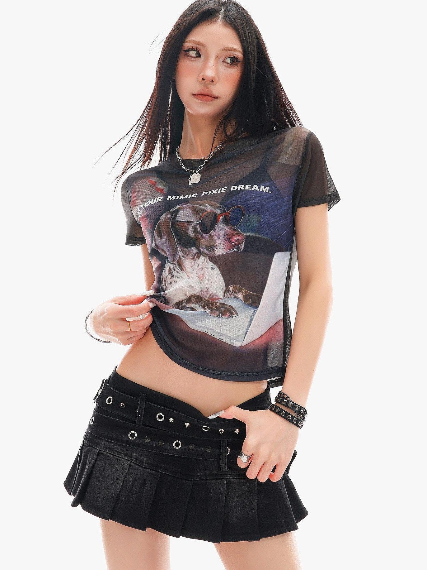 QIUQIU STUDIO Sheer Puppy Print Round Neck Loose Fit Women&