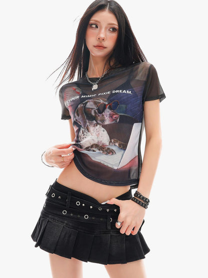 QIUQIU STUDIO Sheer Puppy Print Round Neck Loose Fit Women&