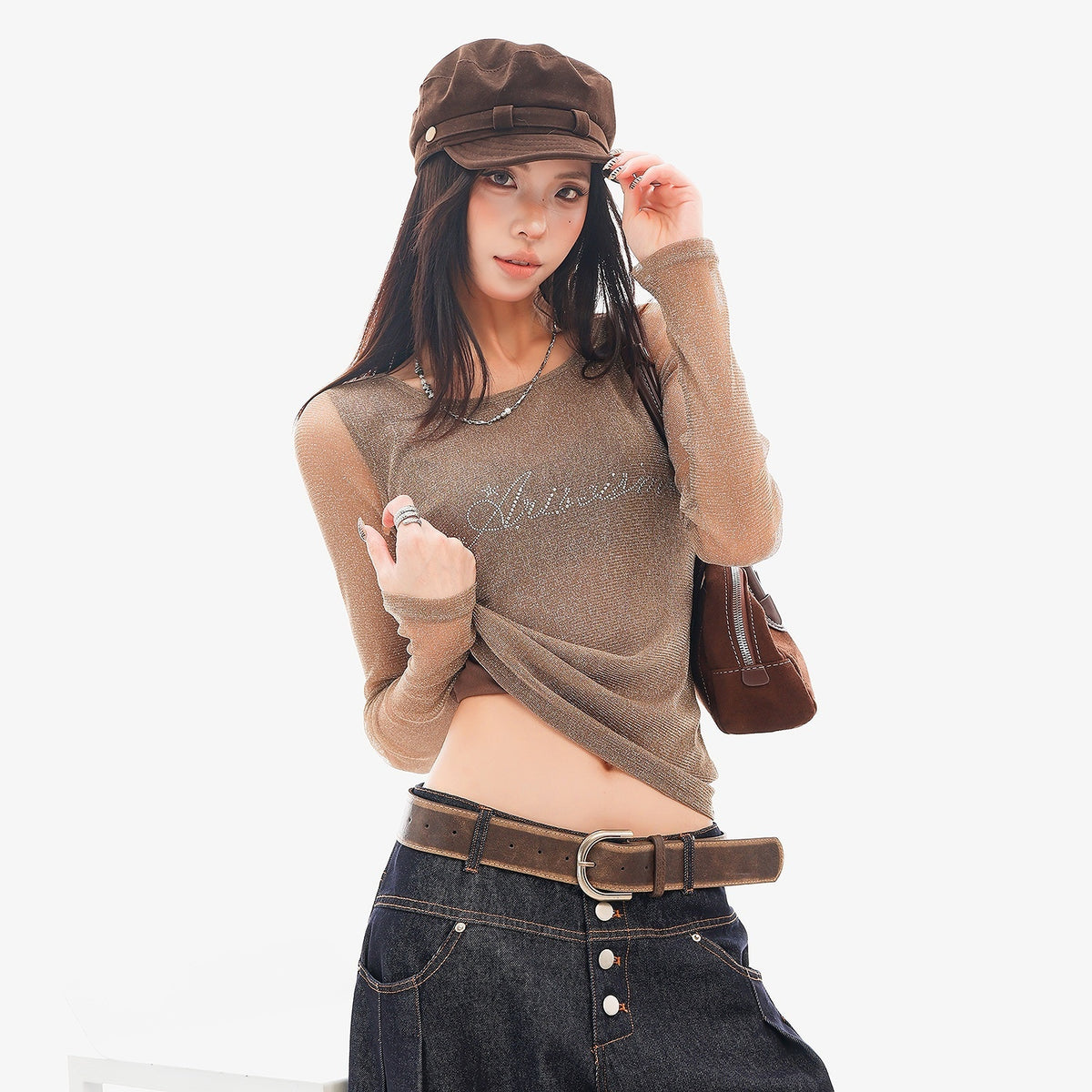 QIUQIU_STUDIO_Sheer_Rhinestone_Letter_Print_Round_Neck_Women&