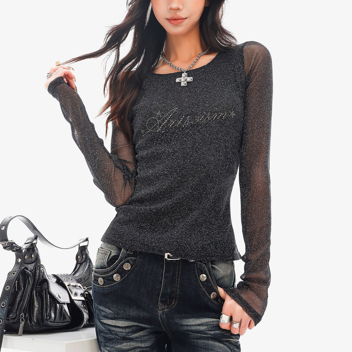 QIUQIU_STUDIO_Sheer_Rhinestone_Letter_Print_Round_Neck_Women&