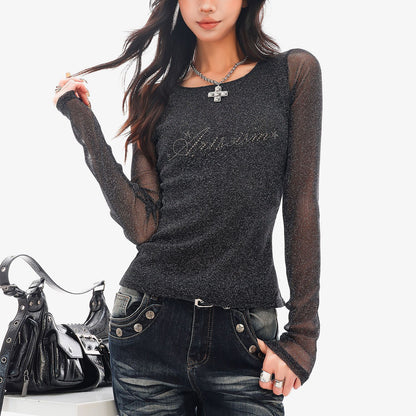QIUQIU_STUDIO_Sheer_Rhinestone_Letter_Print_Round_Neck_Women&
