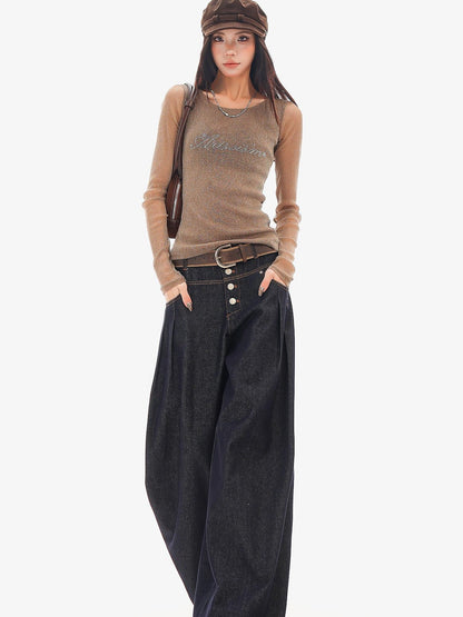QIUQIU STUDIO Sheer Rhinestone Letter Print Round Neck Women&