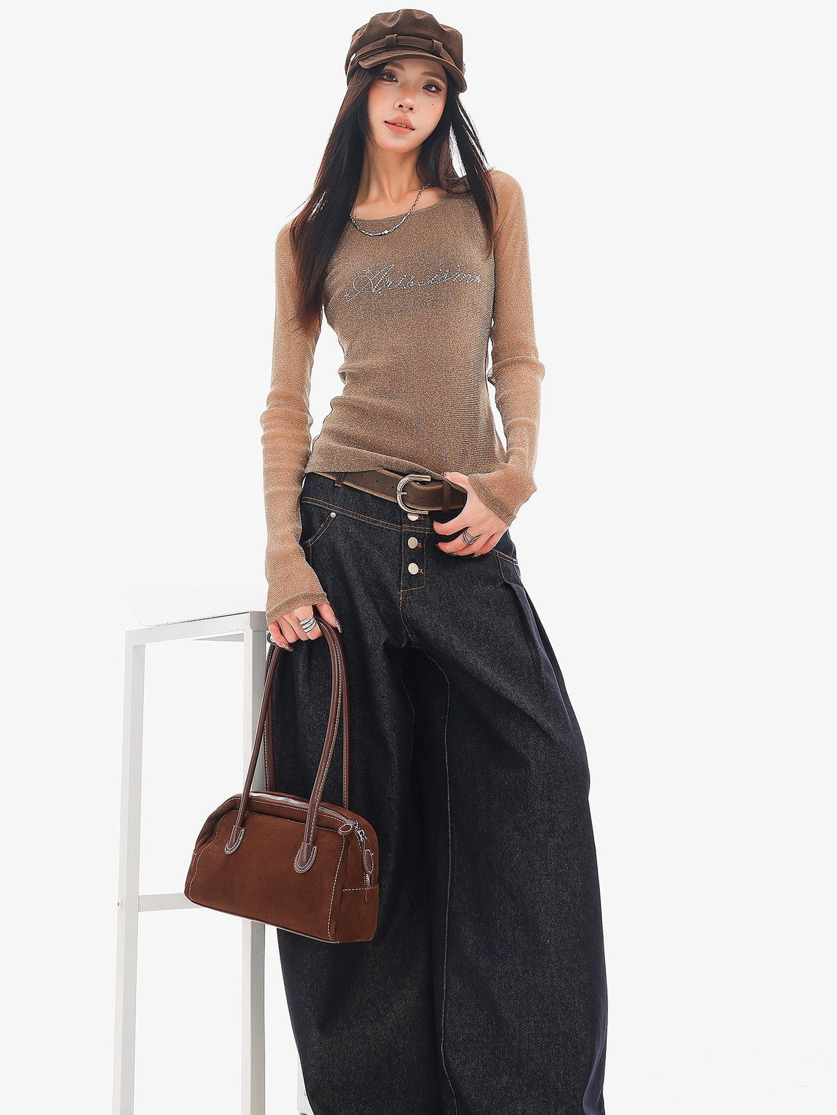 QIUQIU STUDIO Sheer Rhinestone Letter Print Round Neck Women&