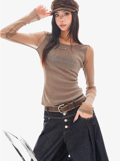 QIUQIU STUDIO Sheer Rhinestone Letter Print Round Neck Women&