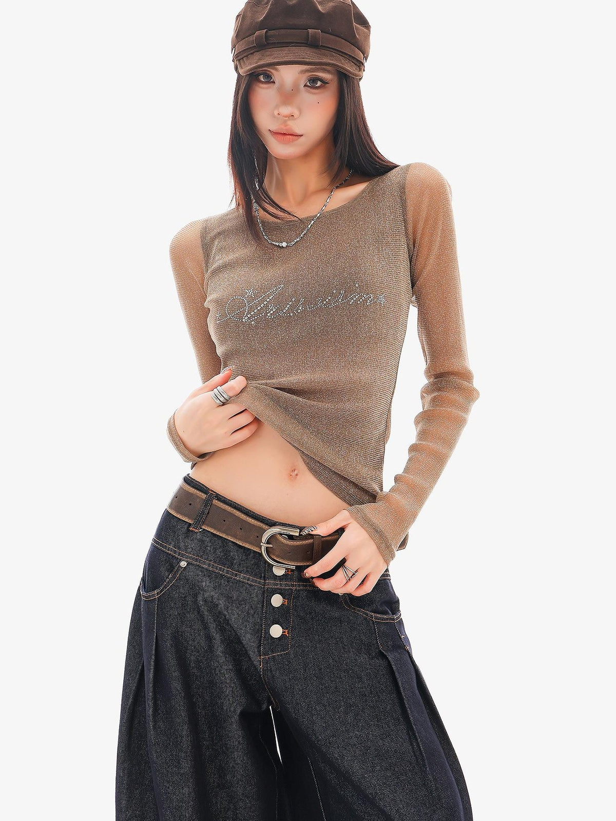 QIUQIU STUDIO Sheer Rhinestone Letter Print Round Neck Women&