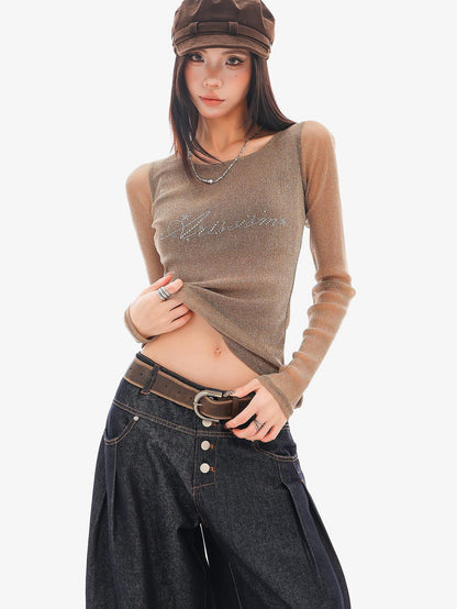 QIUQIU STUDIO Sheer Rhinestone Letter Print Round Neck Women&