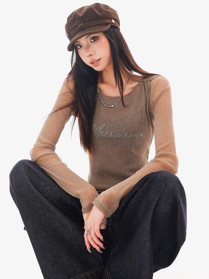 QIUQIU STUDIO Sheer Rhinestone Letter Print Round Neck Women&