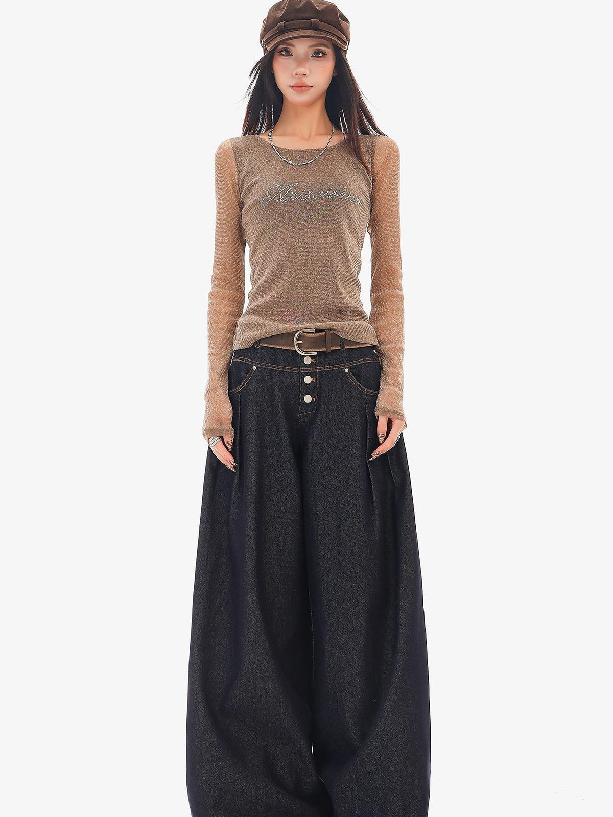 QIUQIU STUDIO Sheer Rhinestone Letter Print Round Neck Women&