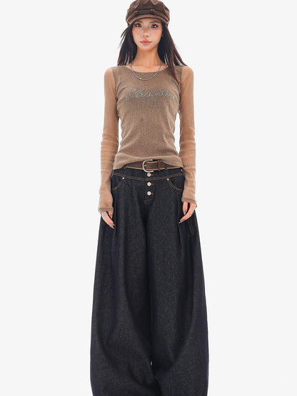 QIUQIU STUDIO Sheer Rhinestone Letter Print Round Neck Women&