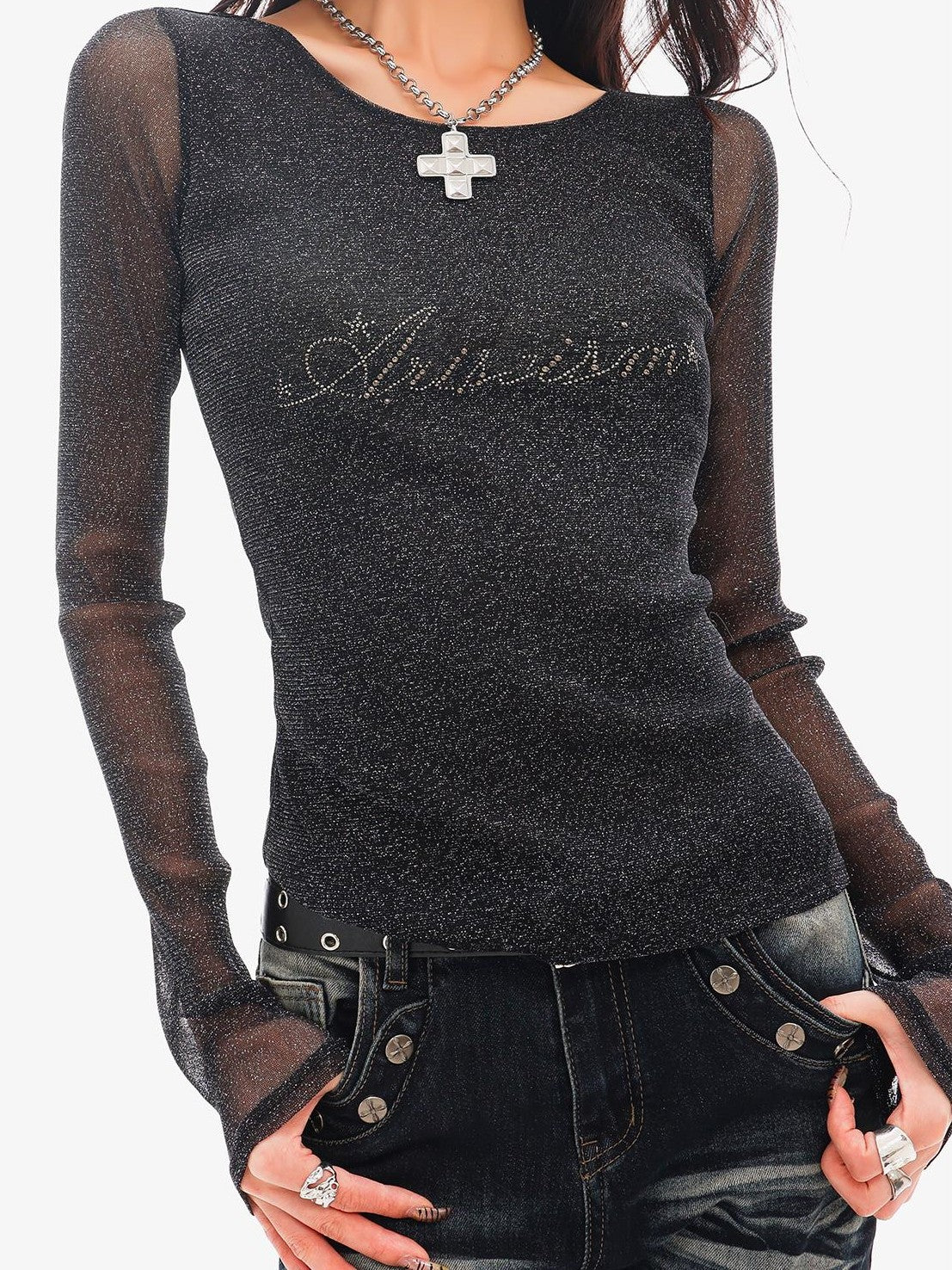 QIUQIU STUDIO Sheer Rhinestone Letter Print Round Neck Women&