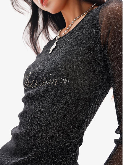 QIUQIU STUDIO Sheer Rhinestone Letter Print Round Neck Women&