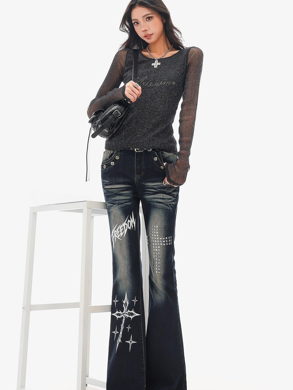 QIUQIU STUDIO Sheer Rhinestone Letter Print Round Neck Women&